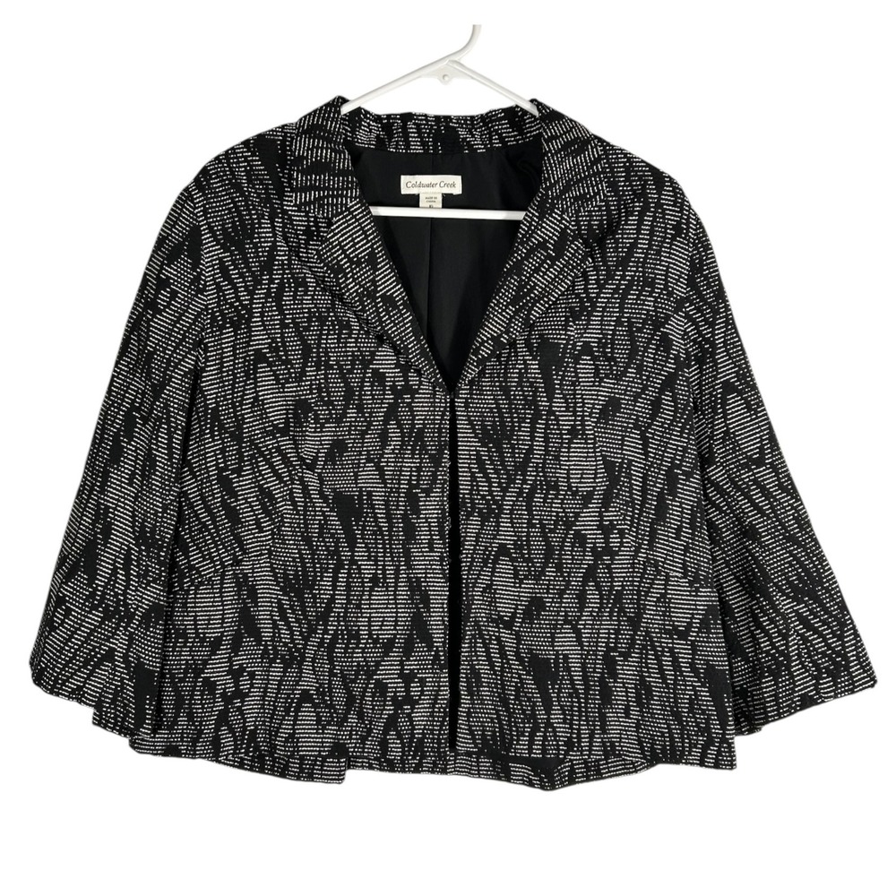 Coldwater Creek Womens Black White Abstract Geometric Open Front Jacket Size 16